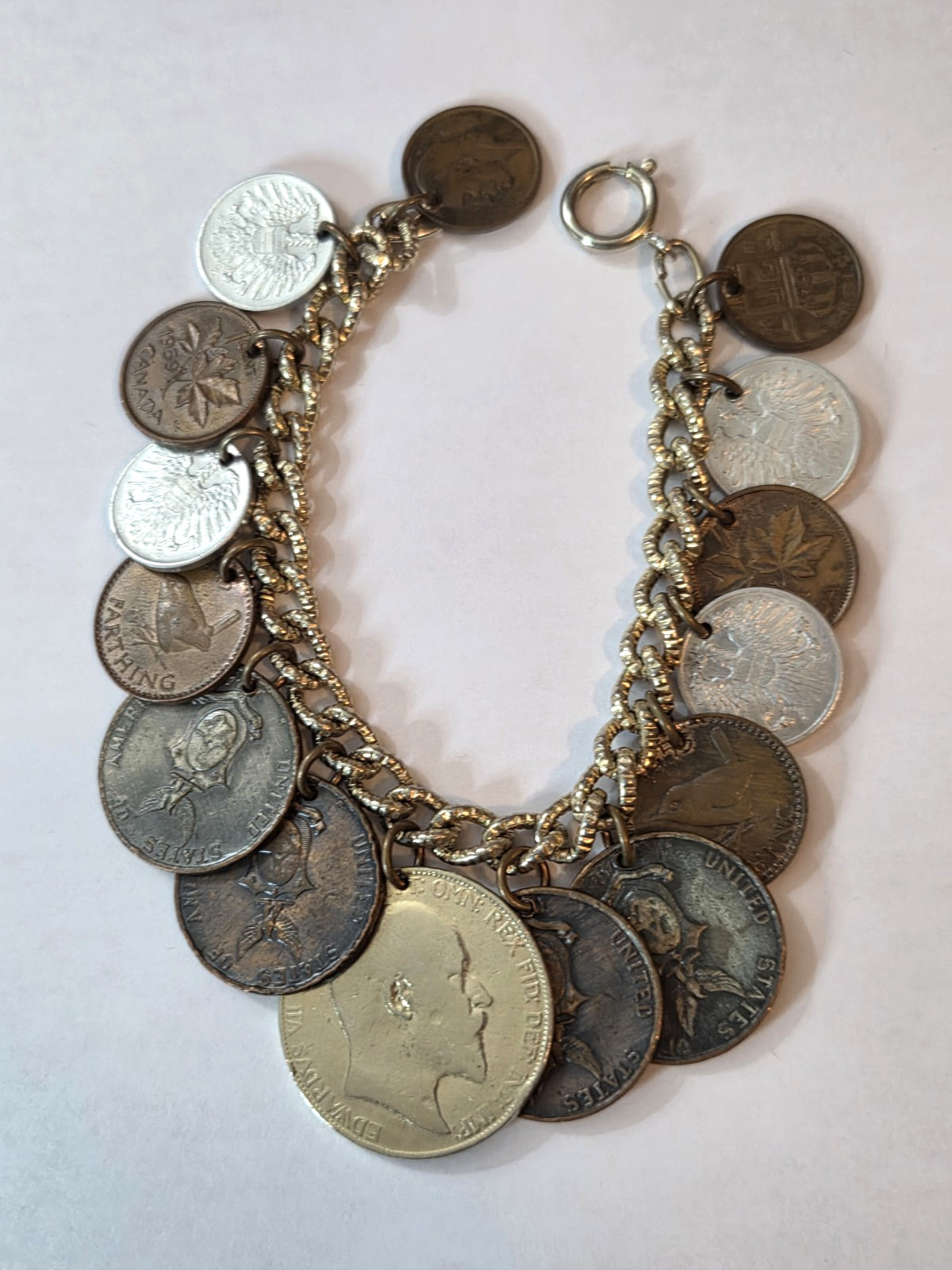 Vtg Souvenir Coin Bracelet Great Britain Canada Belgium Germany Philippines 7″