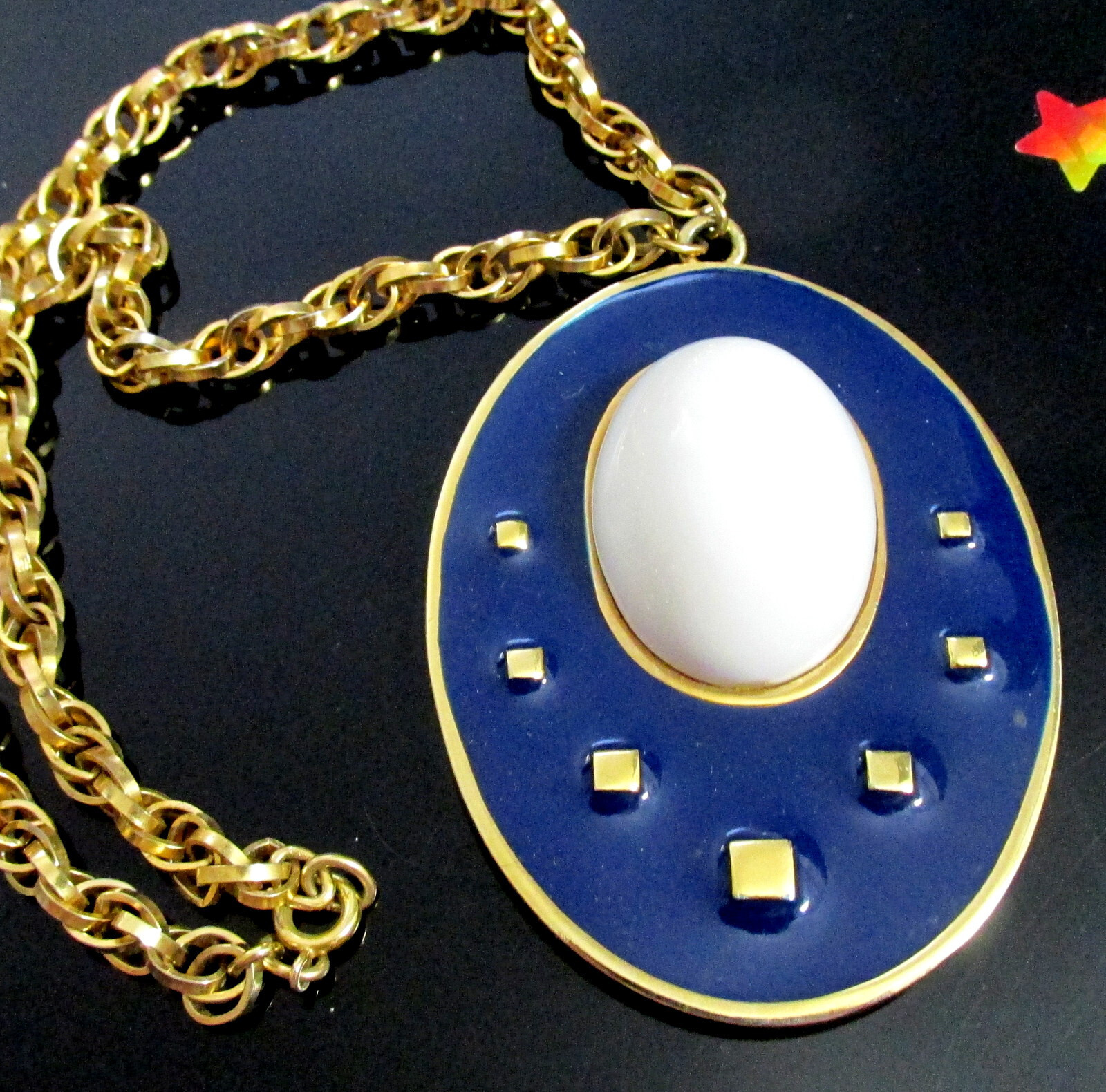Vtg Runway Rare NAPIER Blue Enamel White Cab Pendant Necklace Book Pc BERTOLLI