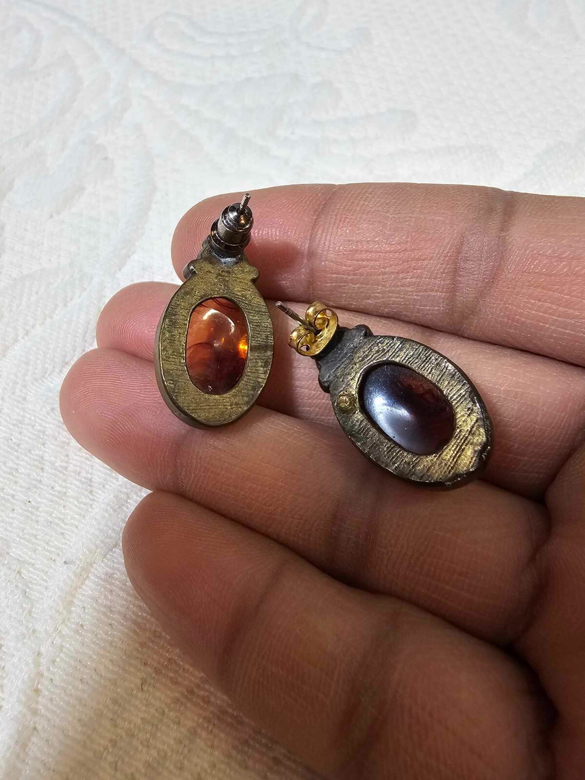 Vtg Stud Earrings w/ Polish Amber Brass Metal