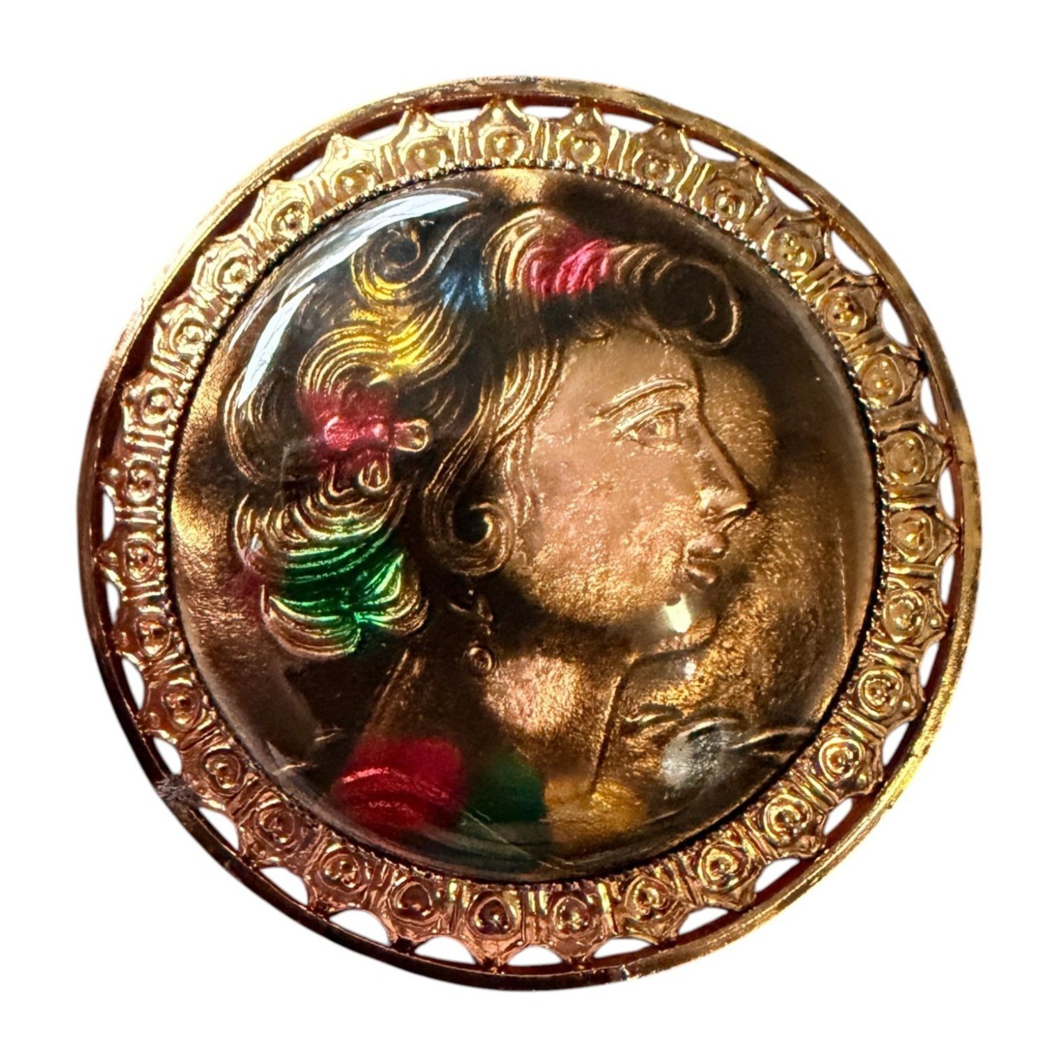 Vintage 1950s Reverse Carved Lucite Renaissance Lady Brooch New Old Stock