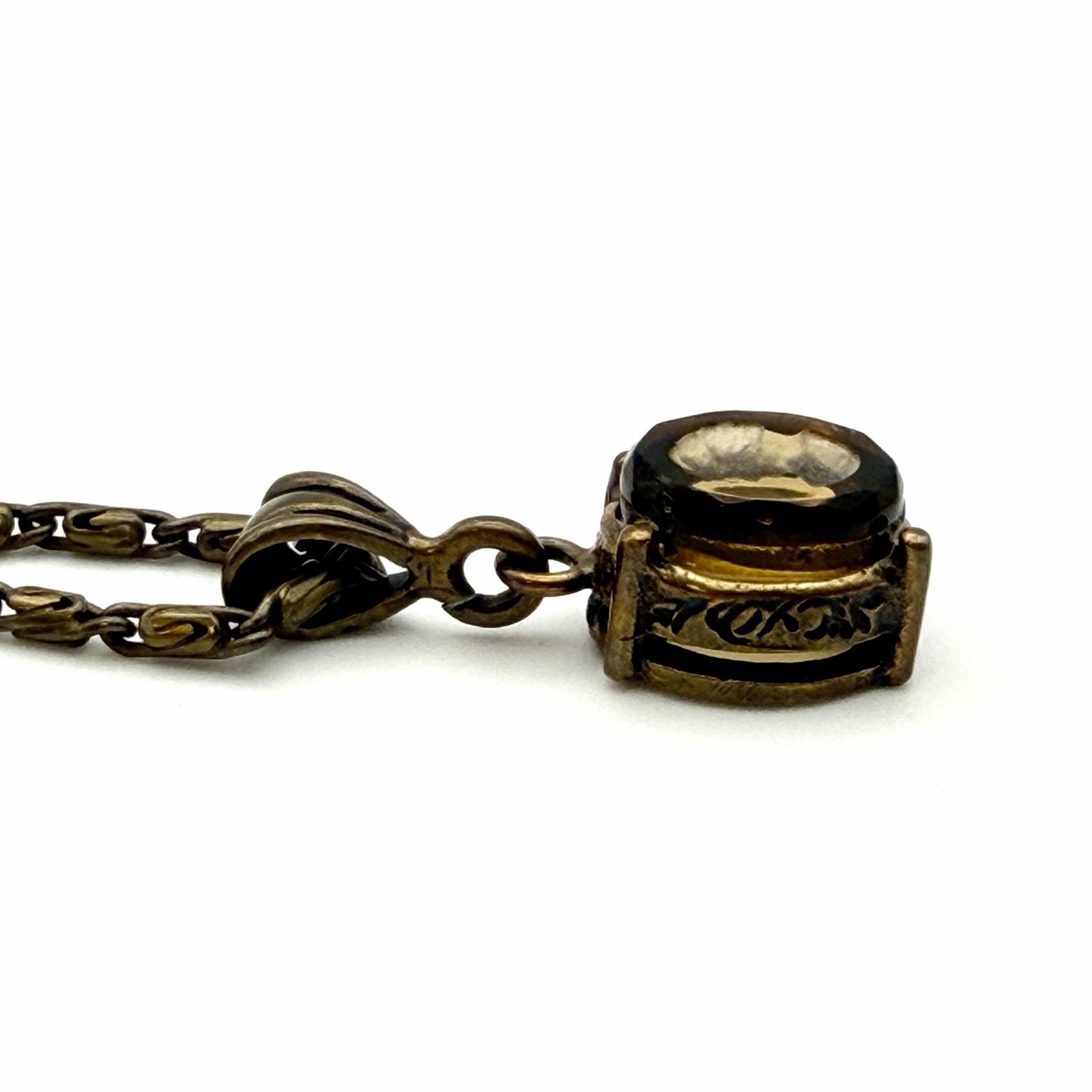 Extasia Signed EXT Vintage Style Bronze Fob Pendant Necklace Smoky Brown Glass