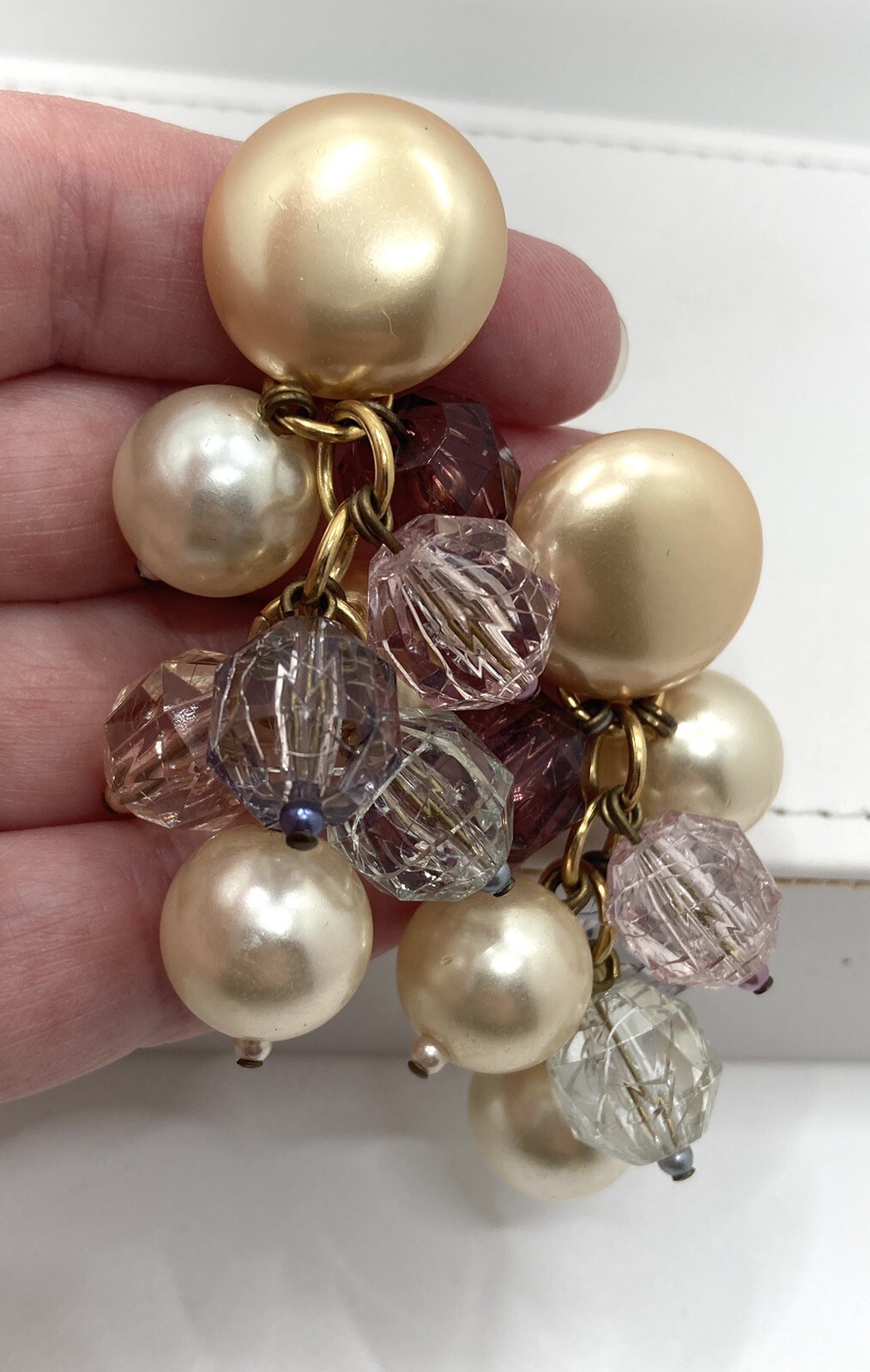 Vintage CHAMPAGNE FAUX PEARL LAVENDER Bead Cluster 3″ Dangle Earrings SNAZZY