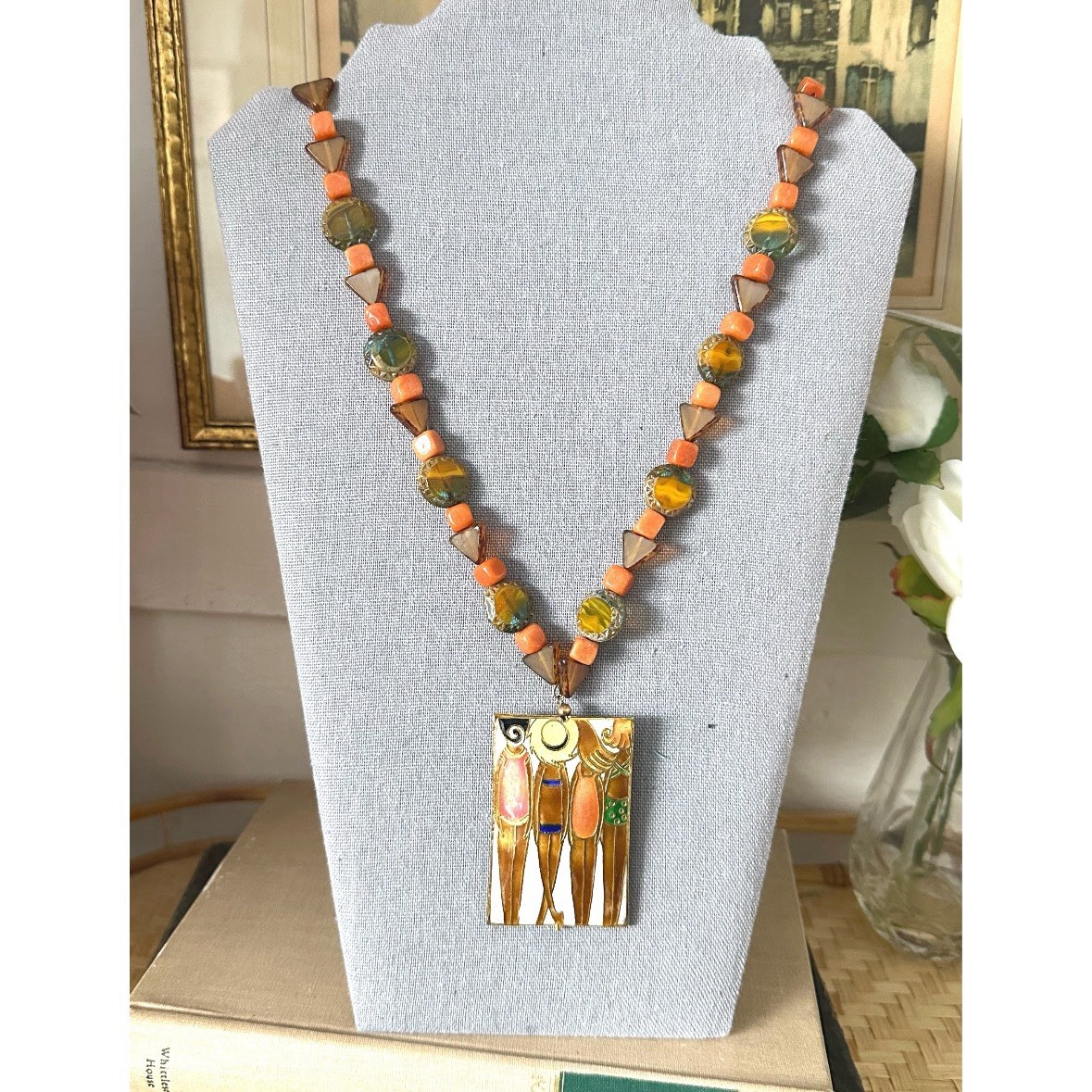 Art Deco Girls at Beach Cloisonne Stone Beaded Necklace Brown & Orange 27” Long