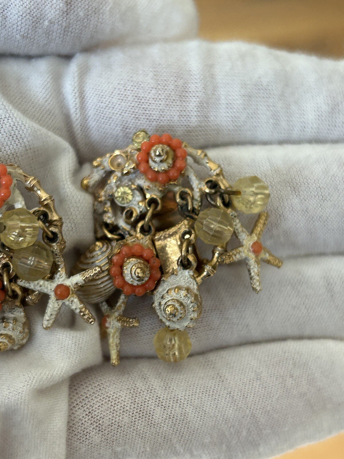 Vintage ART Arthur Pepper Clip Earrings Dangle Shells Beach AB Crystals REaD