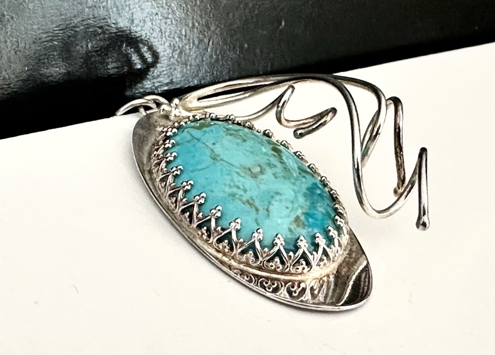 Sterling Silver 925 Abstract Turquoise Vintage Modernist Retro Pendant Handmade