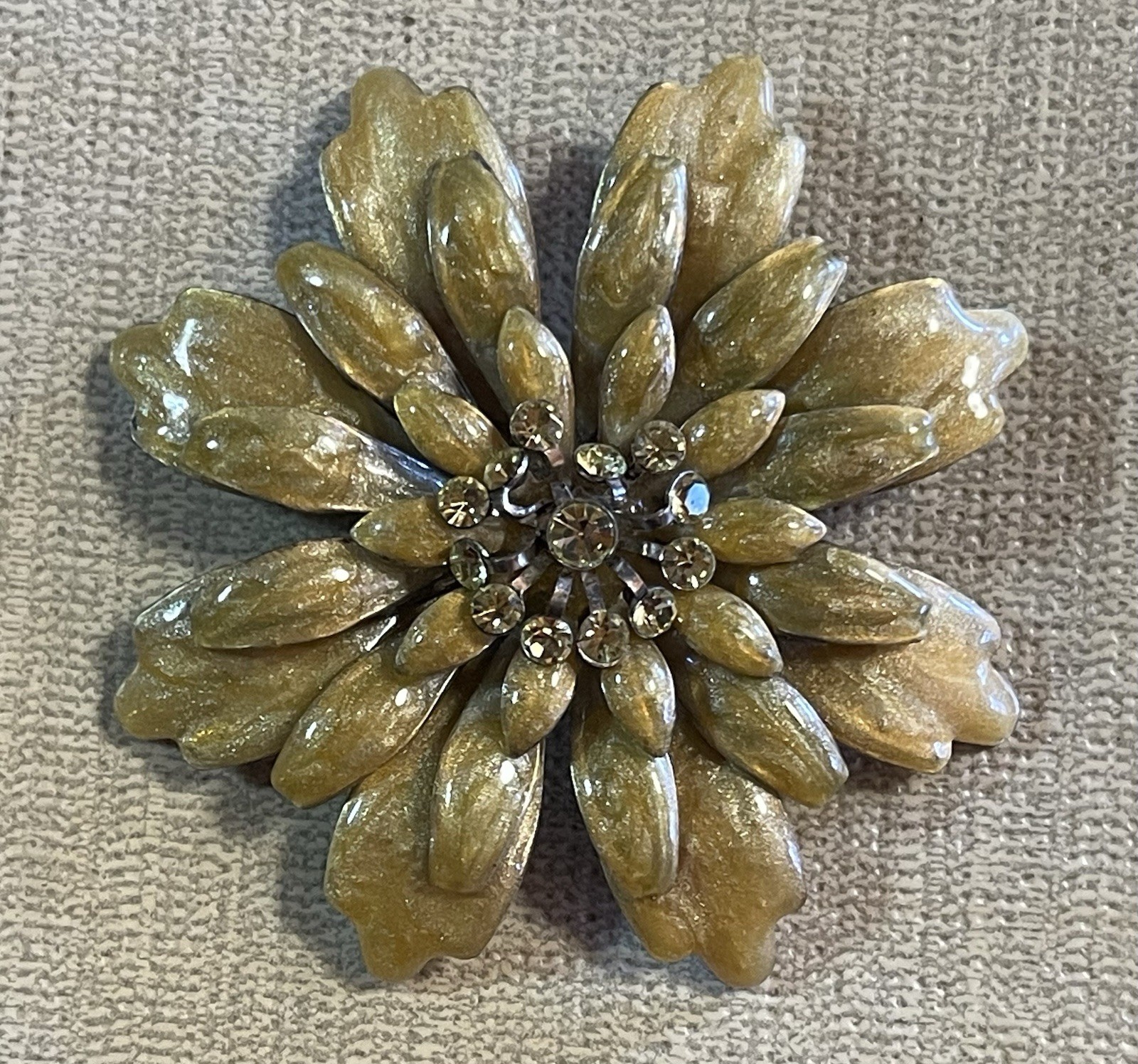 VINTAGE ESTATE MID CENTURY Enamel & Rhinestone Layered Floral Pins, Gold Color
