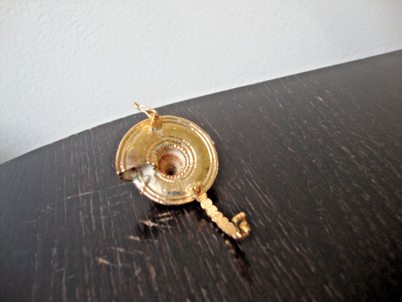 VTG HANDMADE NATURAL LACQUERED SEASHELL GOLD PLATED HINGED DRESS/SCARF CLIP