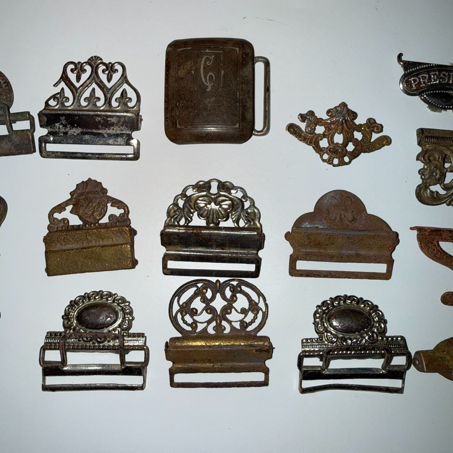 19pc Antique Victorian Gents Suspender Buckle Lot Brass Nickel Filigree 1892 Pat