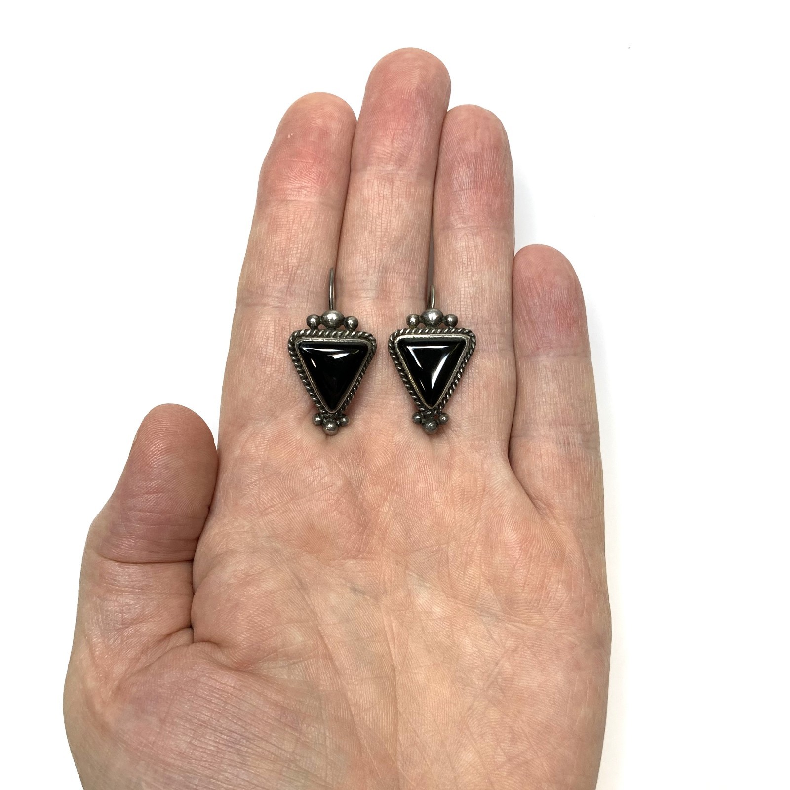 Vintage Handcrafted Sterling Silver Black Onyx Hook Earrings Southwest