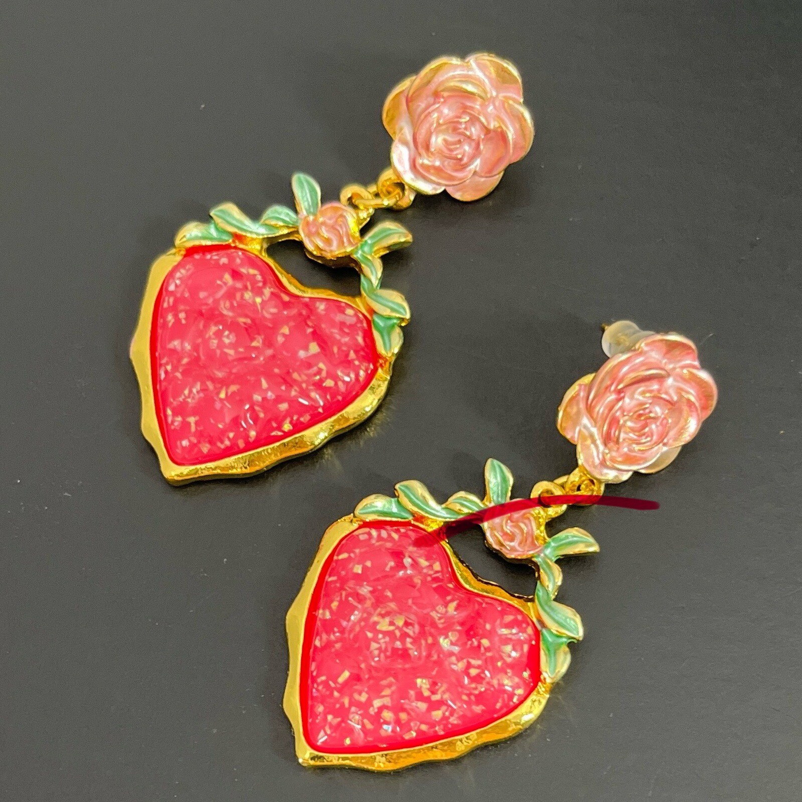 Gripoix Style Heart Earrings Pierced Gold Tone Rose Pink Flower Resin Statement