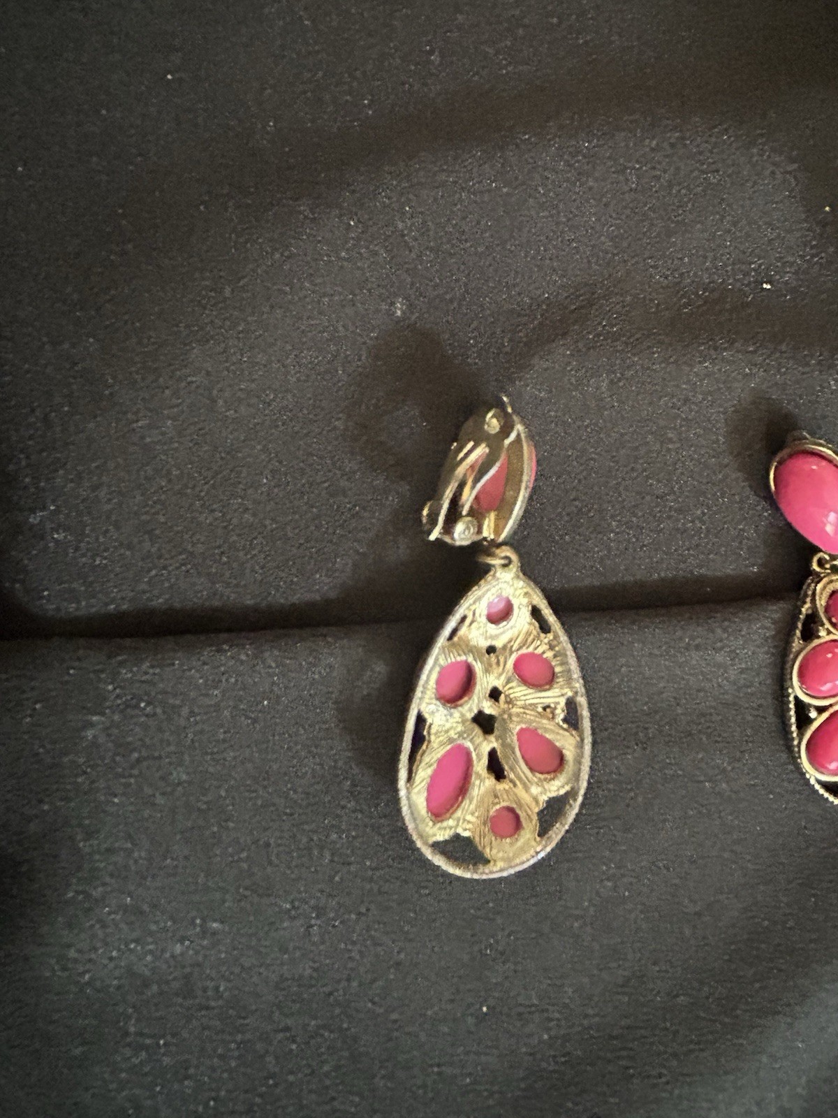 Vtg Statement Jewelry Set Pink Orange Cabochon Bib Necklace & Clip-on Earrings