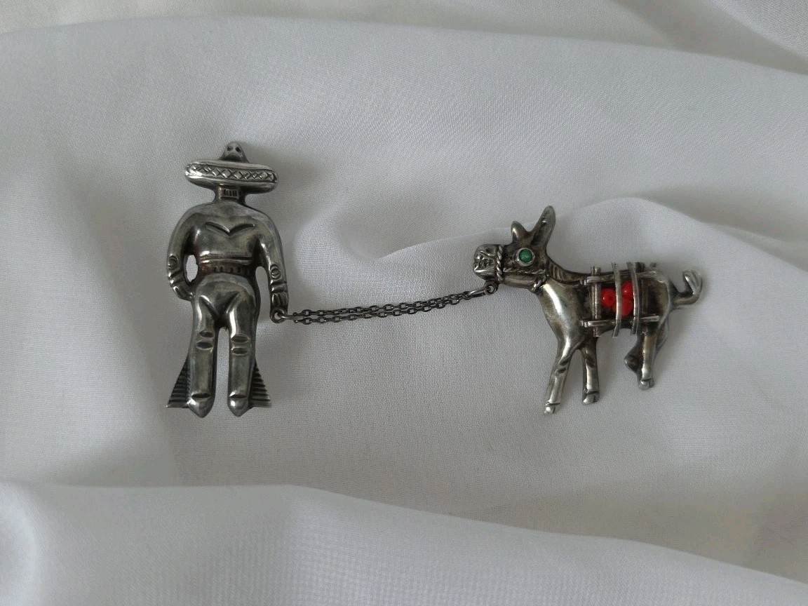 1950’s Mexico 925 Burro Chained To Fruit Seller Man Double Pins