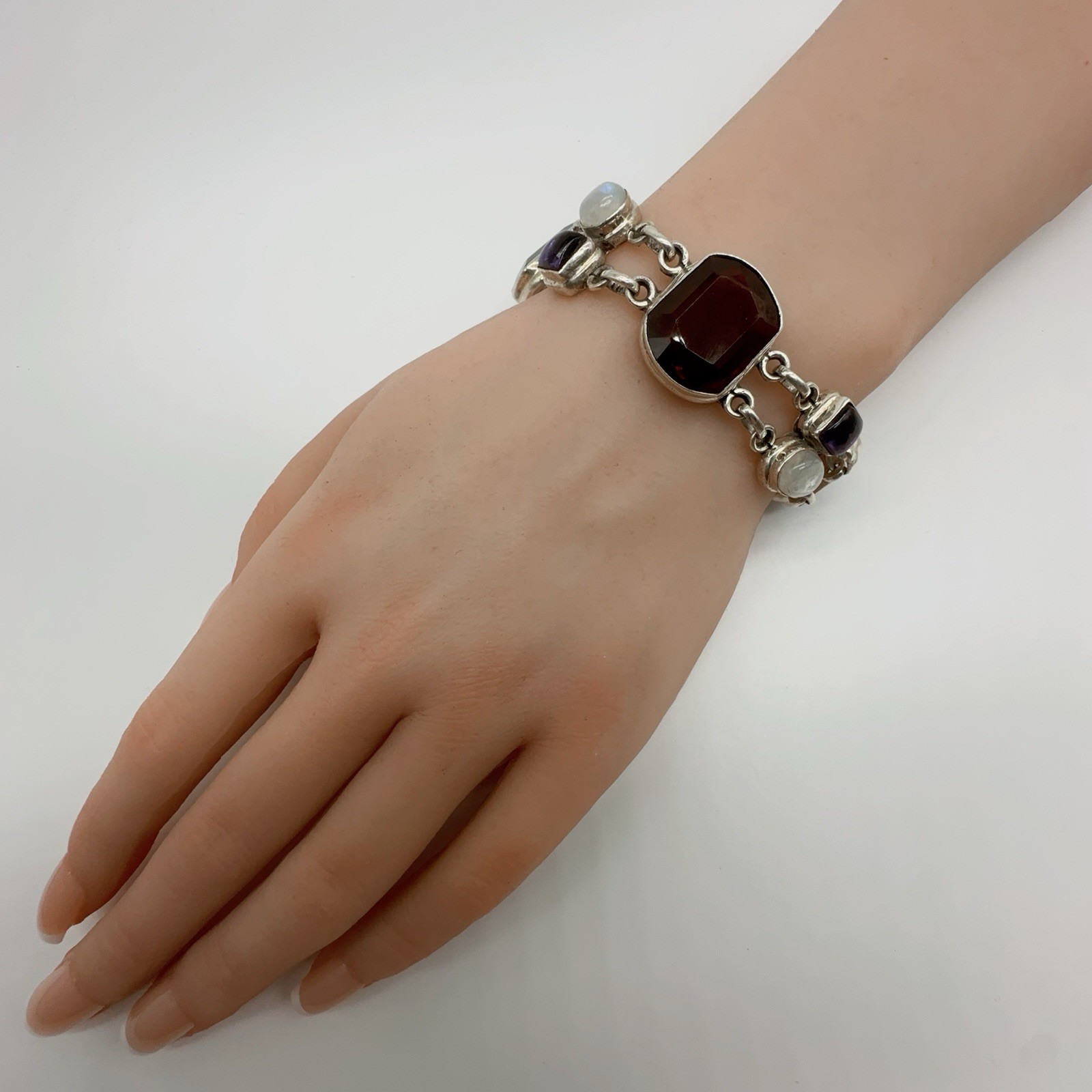 Sterling Silver Amethyst Moonstone & Glass Link Bracelet 37.1g #yes