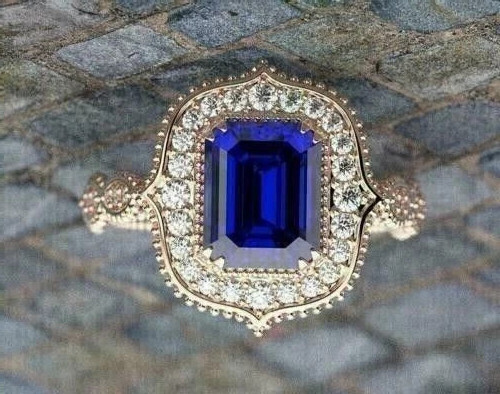 Art Deco Style Lab-Created Diamond & Sapphire Engagement 14K White Gold FN Ring