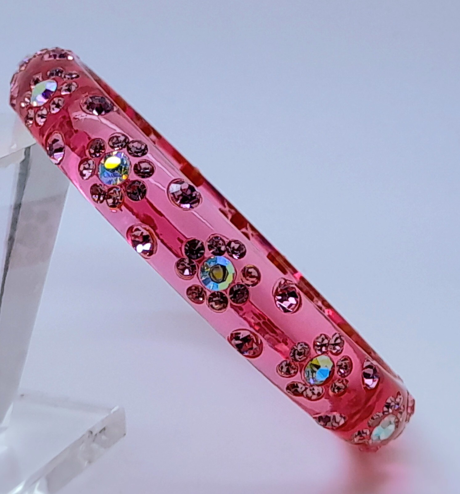 pink color round transporent Plastic flower rhineston fashion bangle bracelet