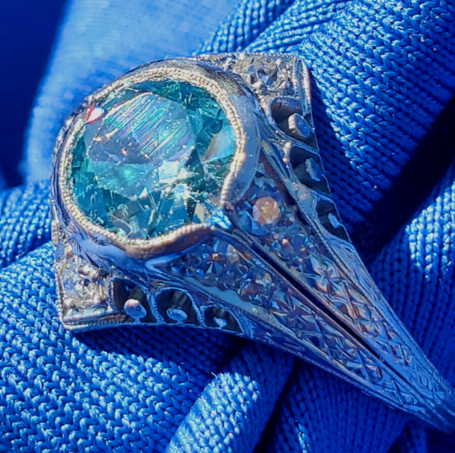 NATURAL EARTH MINED Blue Zircon DIAMOND PLATINUM ORIGINAL DECO Engagement Ring 8