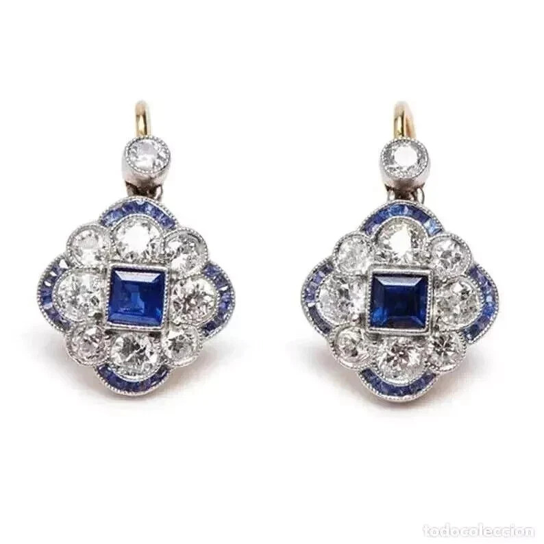 Art Deco Style Lab Created Sapphire Diamond Wedding 14K White Gold FN Earrings