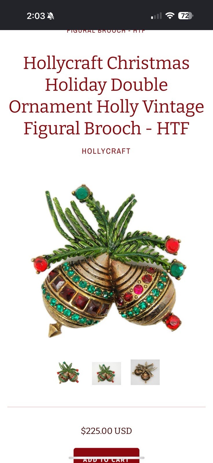 Christmas Holiday Doubke Ornament Holly Vintage Figural Brooch Hollycraft