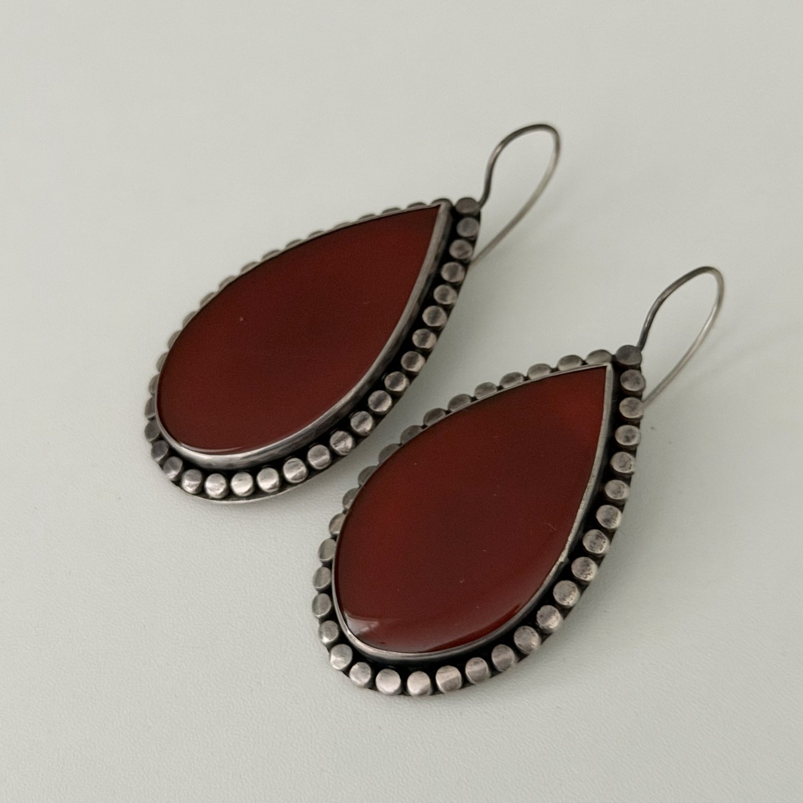 Vintage Sterling Silver Big Chunky Carnelian Earrings Oxidized Dangle Teardrop