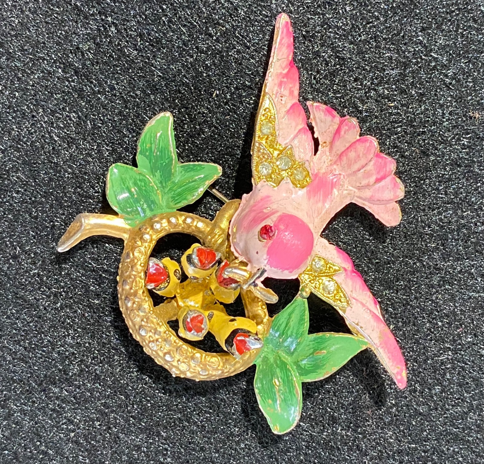 Vintage Fred Gray Corp Birds Nest Mother & Babies Enamel Metal Brooch USA 1940s