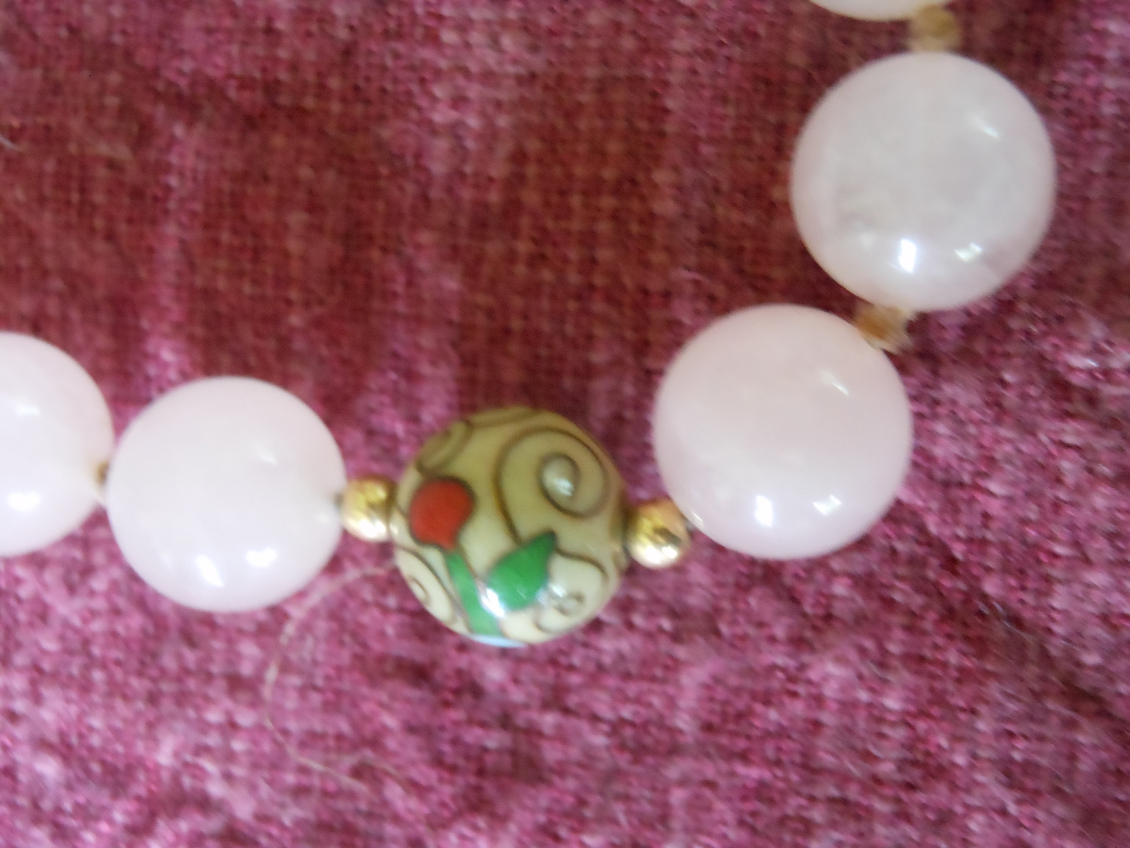 Rose Quartz Necklace with Cloisonne Beads Hand Knotted-Yes