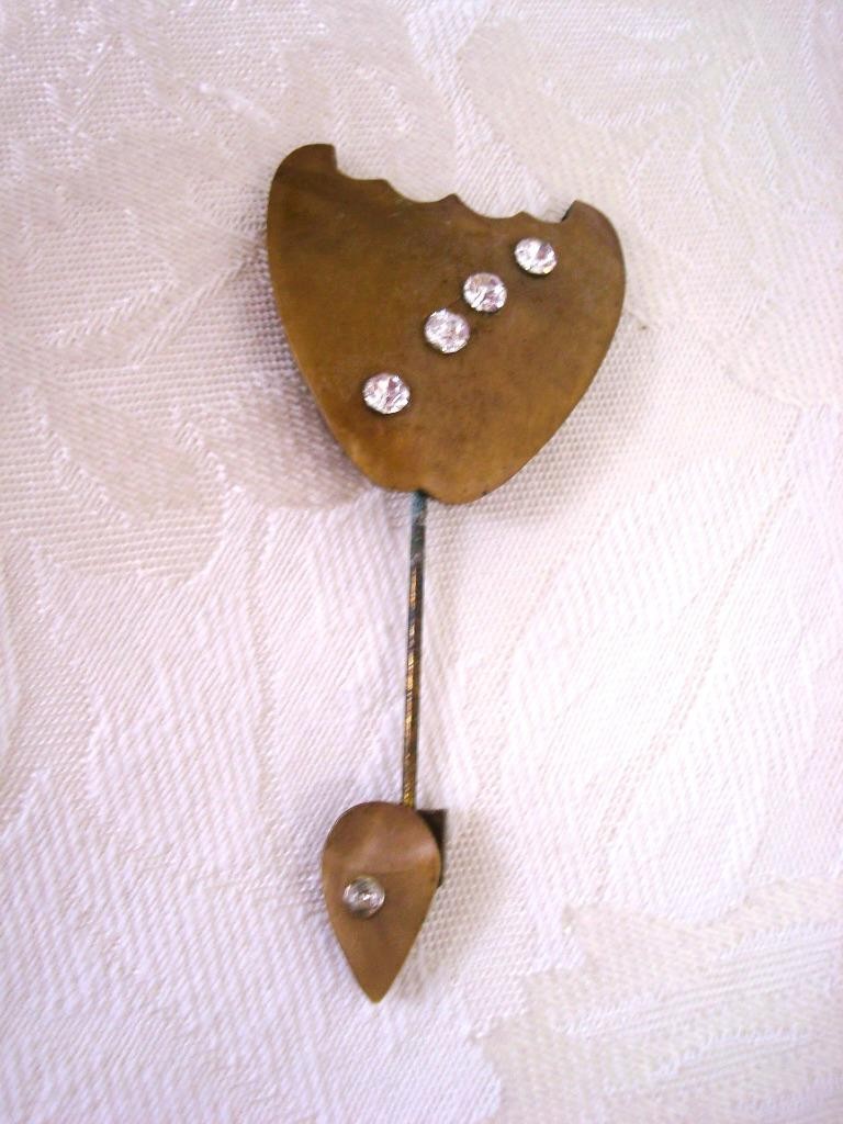 Art Deco Pearlized Golden Brown Celluloid Jabot Pin Hat Trim With Rhinestones KJ