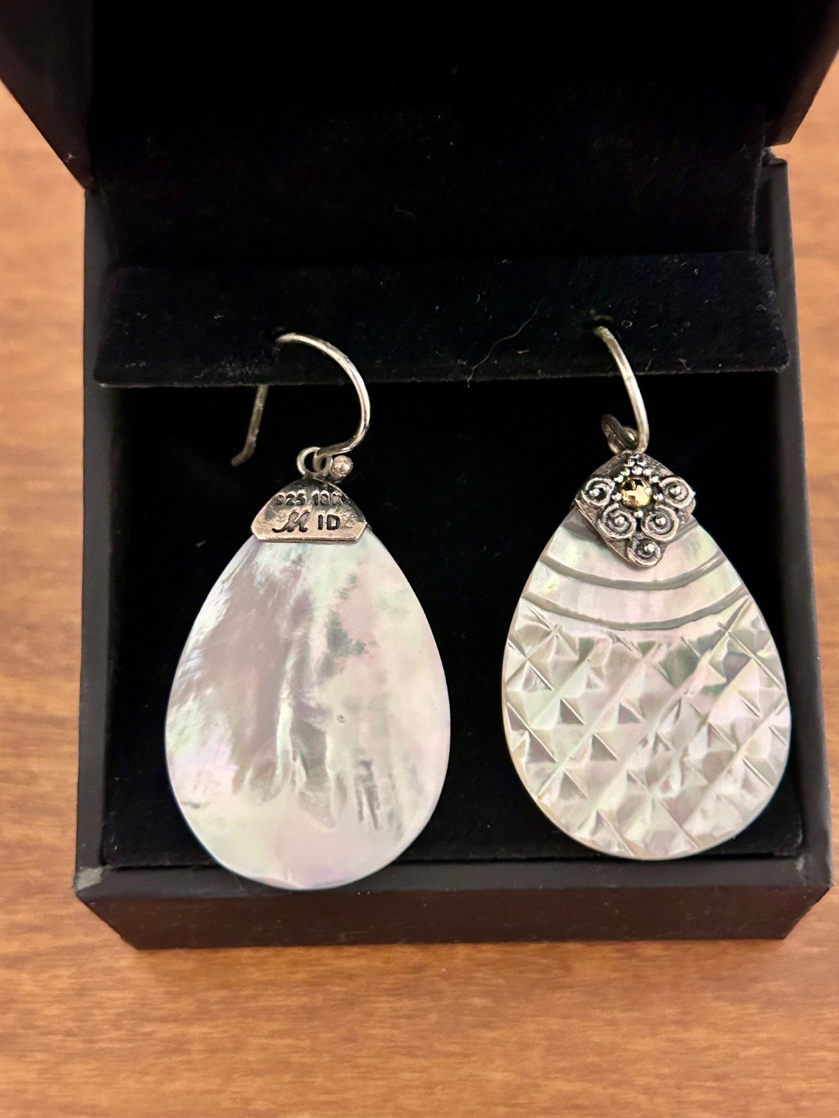 Vintage Robert Manse 18k & 925 Sterling Silver Mother of Pearl Dangle Earrings