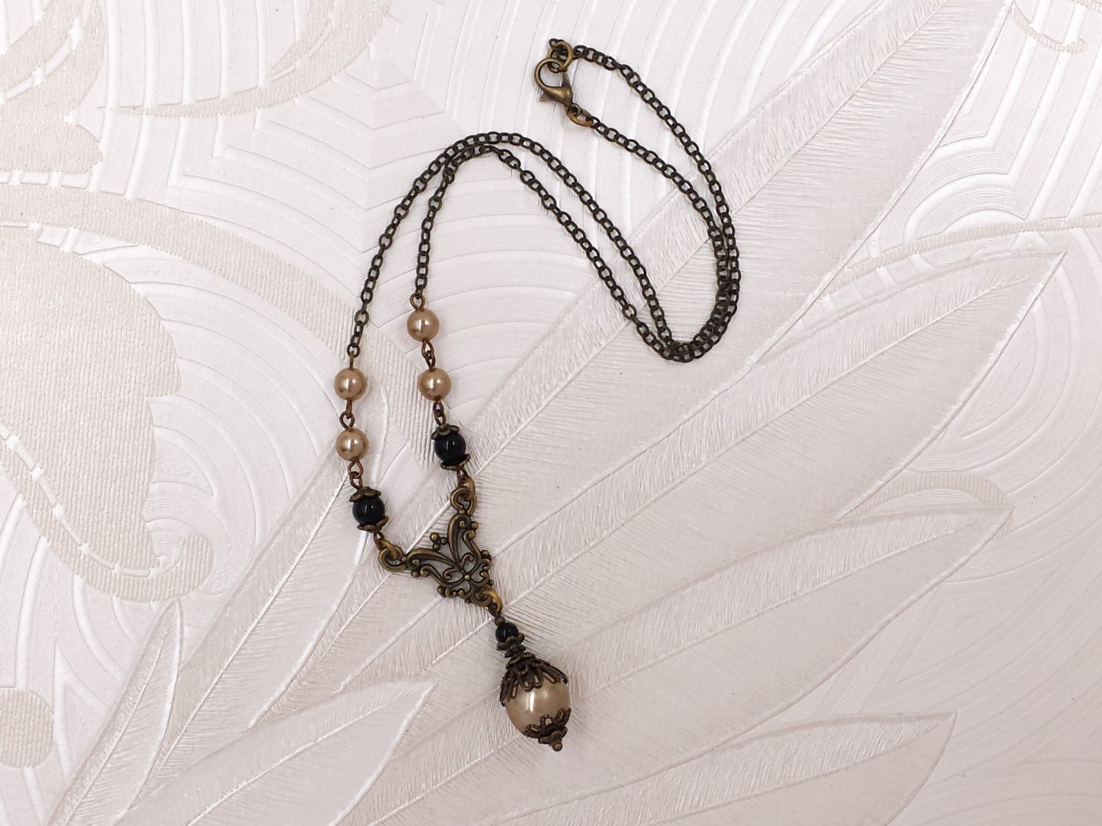 Art Nouveau Necklace Champagne Gold Crystal Pearl Black Bead Victorian Jewelry