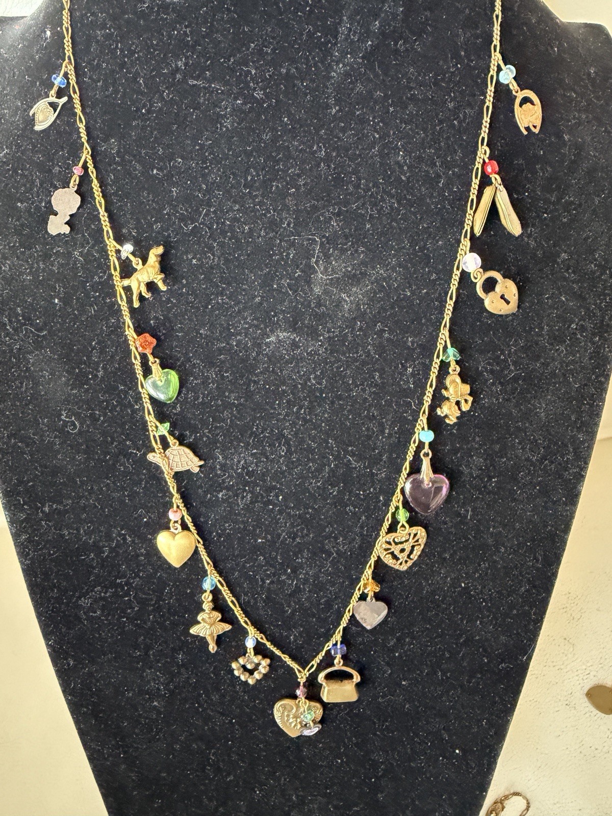 Vintage Signed Glassworks Studio Multi Charm Love Luck Fun Heart 28″ Necklace