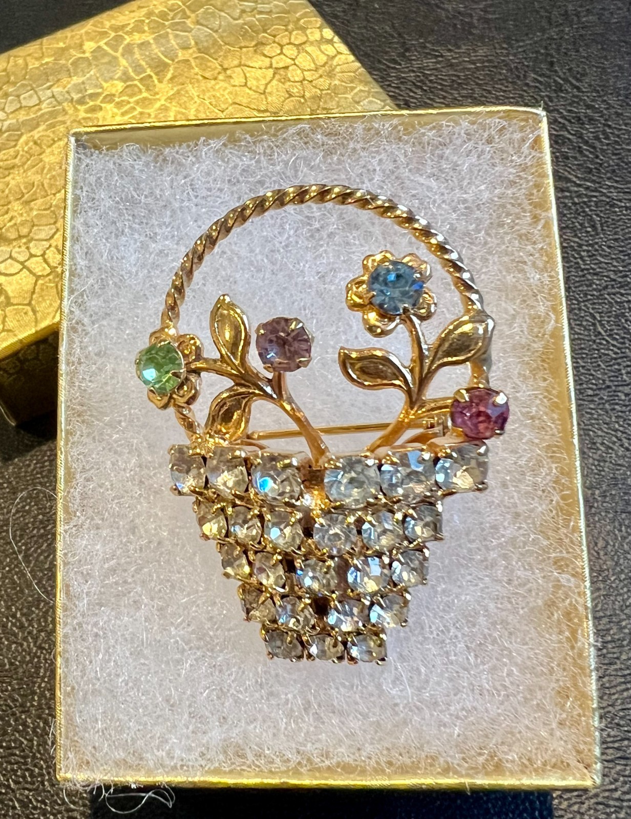Vintage 60s Flower Basket Rhinestones Gold Tone Colorful Brooch Pin Uranium Glow