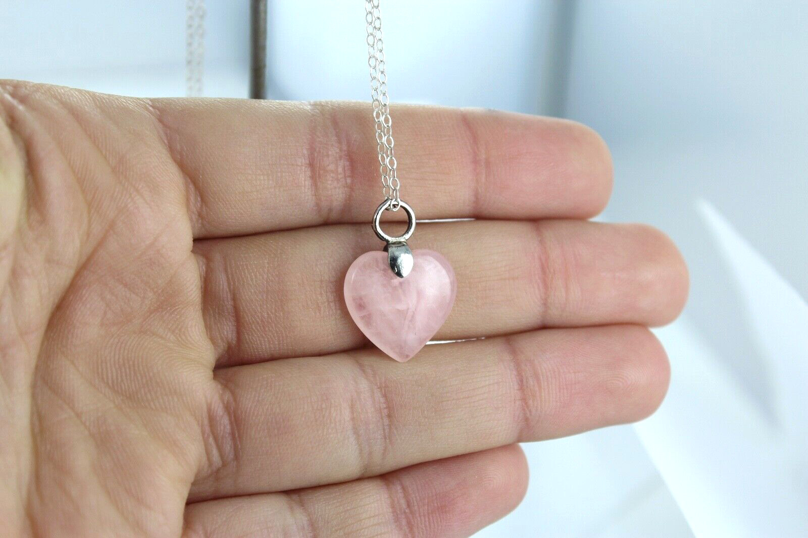 Natural Rose Quartz Heart Shaped Pendant Charm Sterling Silver Chain Necklace