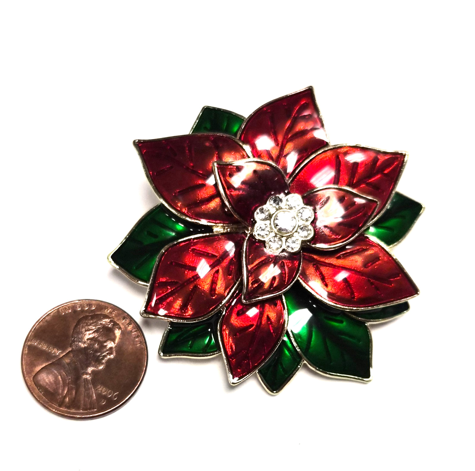 Vintage 90’s Festive Christmas Rhinestone Poinsettia Flower Pin / Brooch