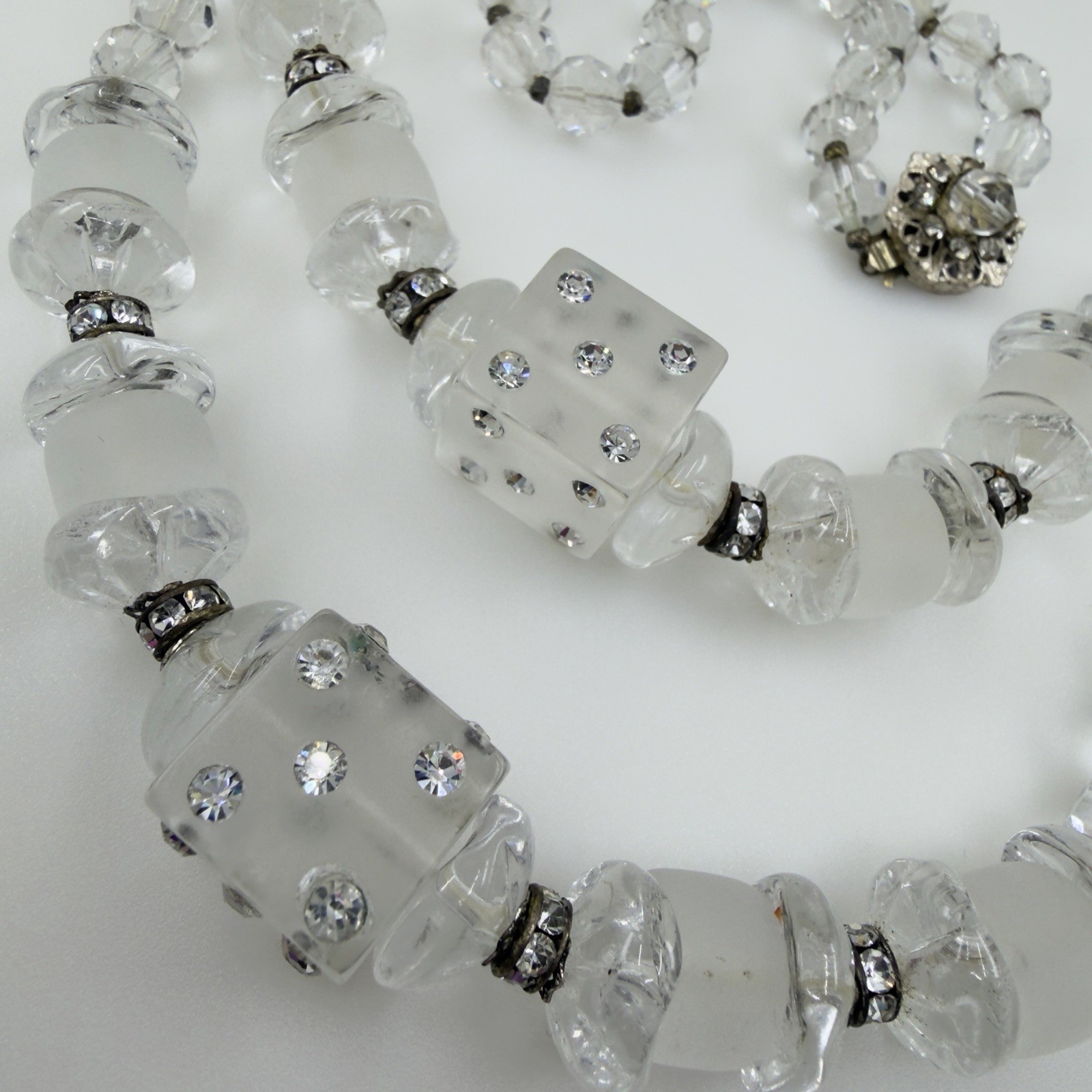 SIGNED Art Deco ▪️ MIRIAM HASKELL Lucite Glass Rhinestone CRYSTAL Clear Necklace