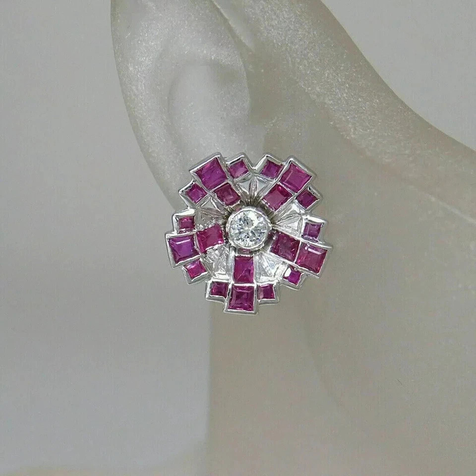 Art Deco Style Round Lab Created Diamond Ruby Wedding 14K White Gold FN Earrings