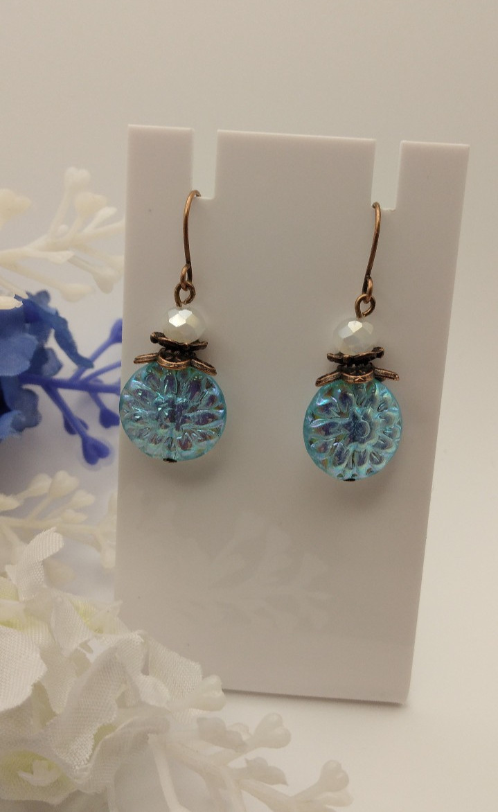 Aqua Dangle earrings Antique Copper Crystal NF Birthday Handmade Mothers Day