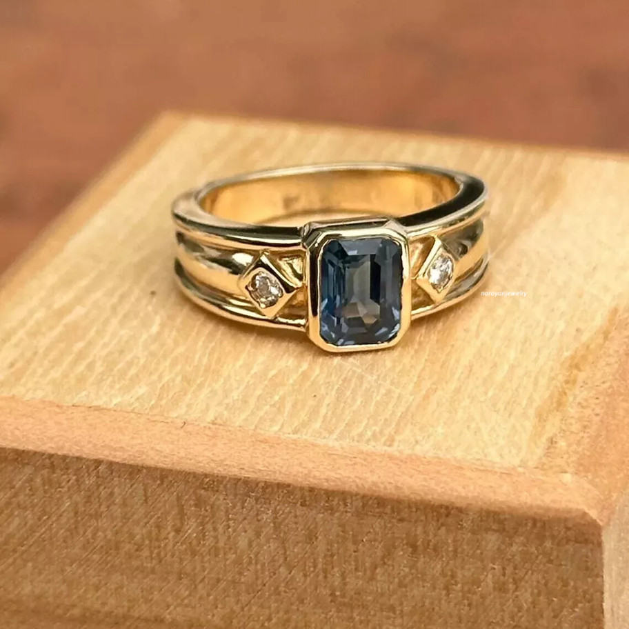 Vintage Style Emerald Medium Blue Sapphire Lab Created Diamond Gold Finish Ring