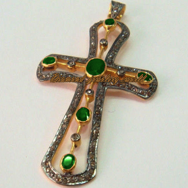 Victorian Rose Cut Diamond Emerald Studded Silver Stunning Cross Pendant Jewelry