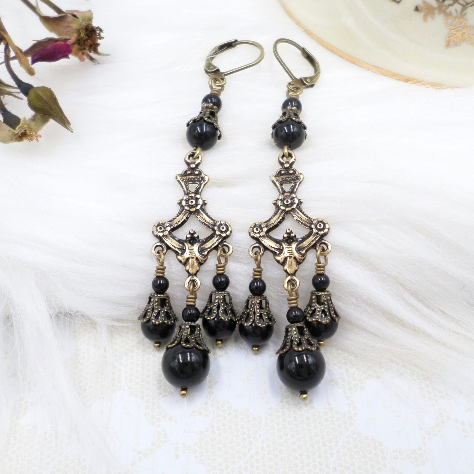 Victorian Mourning Earrings Jet Black Glass Bead Chandelier Filigree Handmade