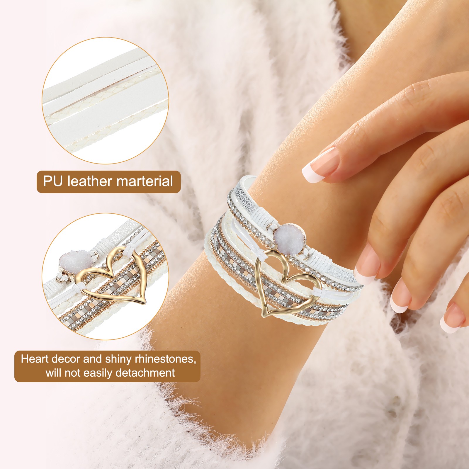 Heart Leather Wrap Bracelets Trendy Stackable Boho Cuff Bracelet White