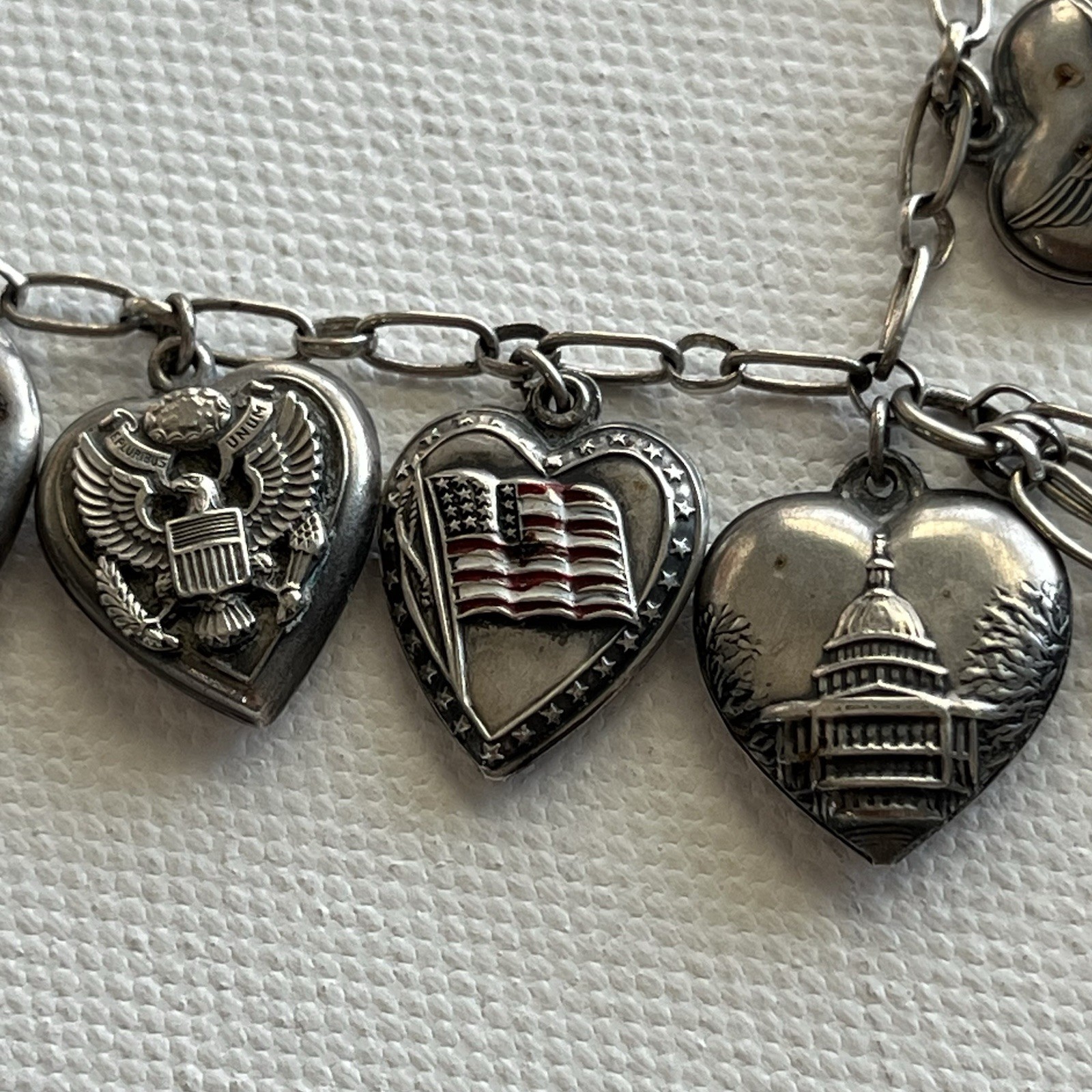 Vintage WW2 Puffy Hearts Necklace Forget Me Not GREAT SEAL Patriotic Military