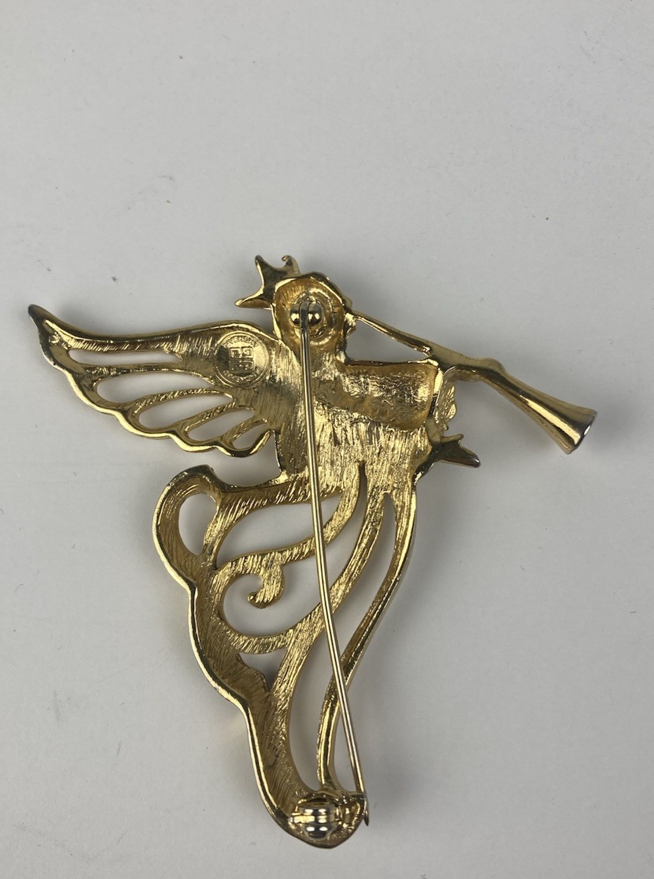 Givenchy Angel Trumpet Herald Gold Tone Brooch 80s Vintage