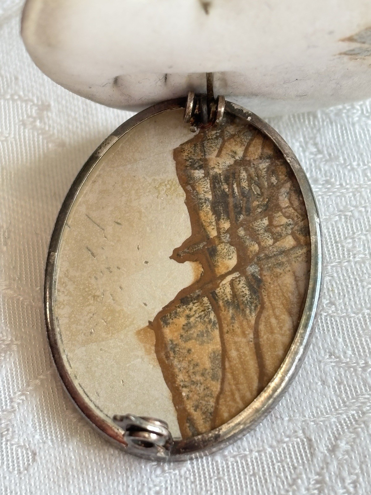 Vintage Picture Jasper Pin Landscape Brooch Tuscany Paesina Stone Italy UNUSED