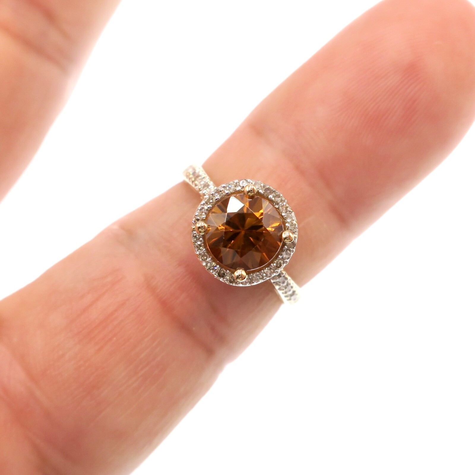 14k Solid Yellow Gold Natural Orange Zircon and Diamond HALO Ring Size 6