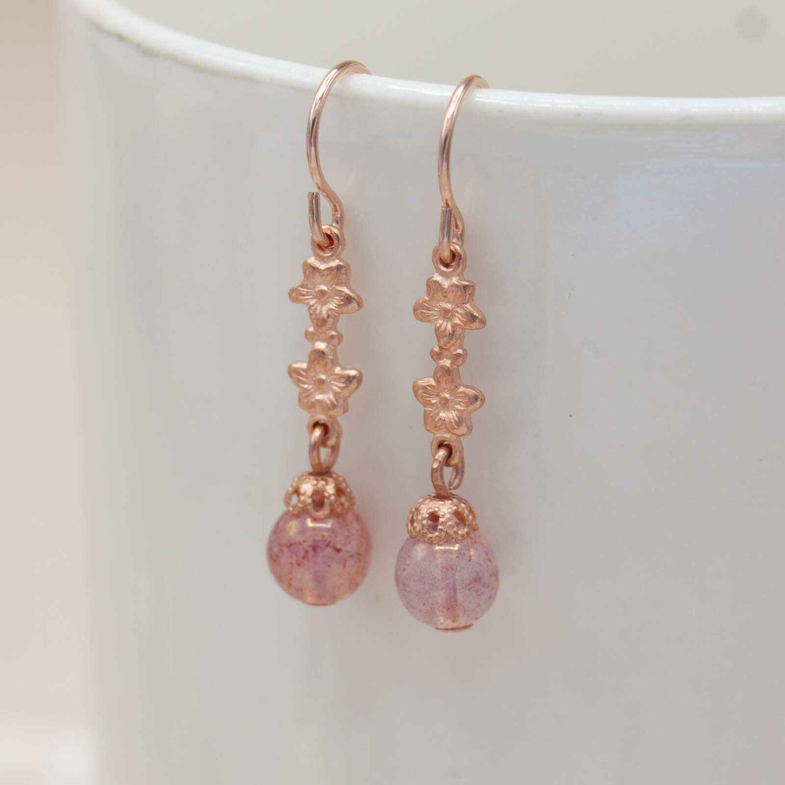 Vintage Style Rose Gold Floral Pink Czech Glass Earrings, Gift for Her, Daughter