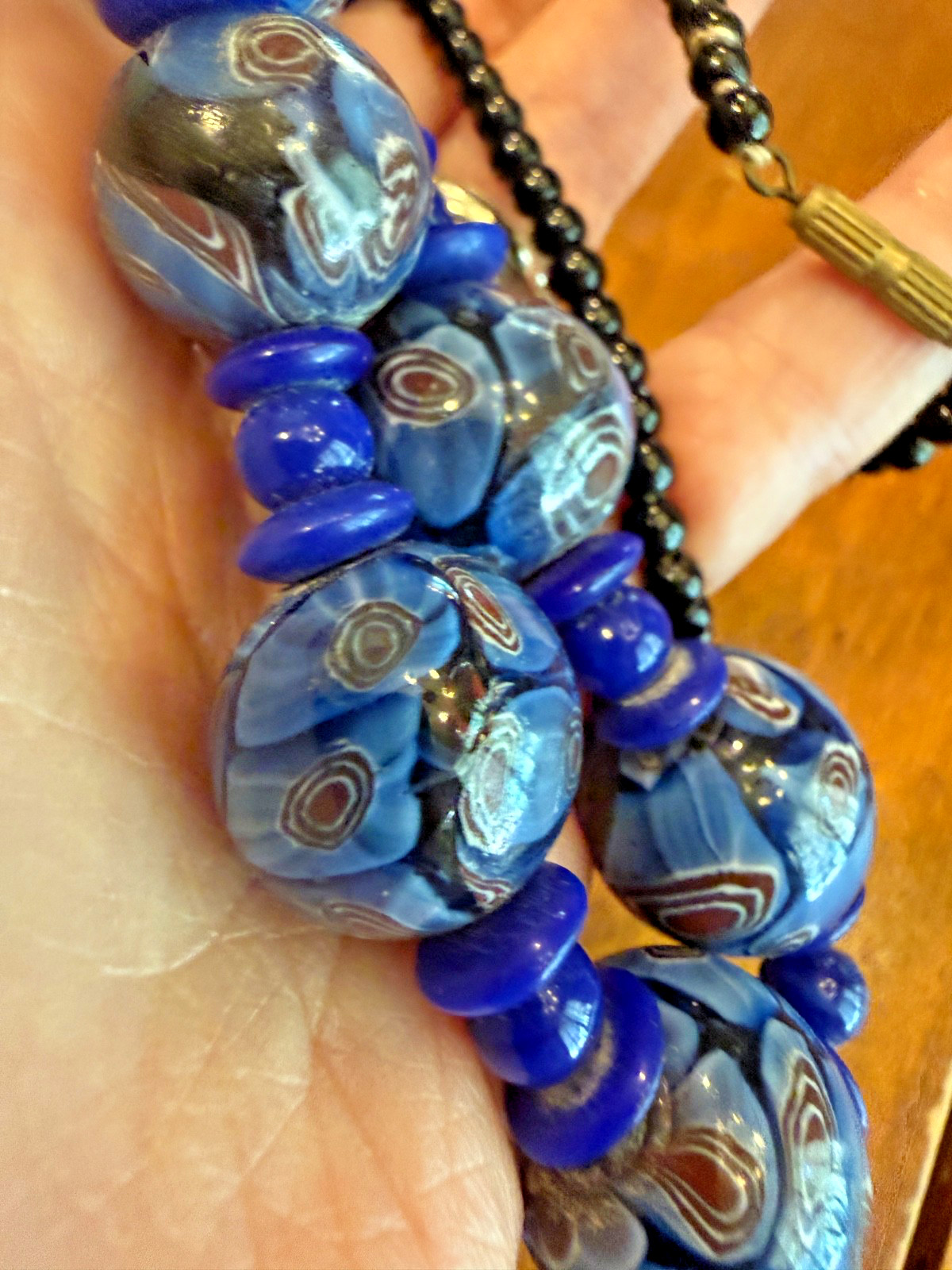 Vintage Blue Glass Bead Necklace Lampwork Excellent 19 inches European