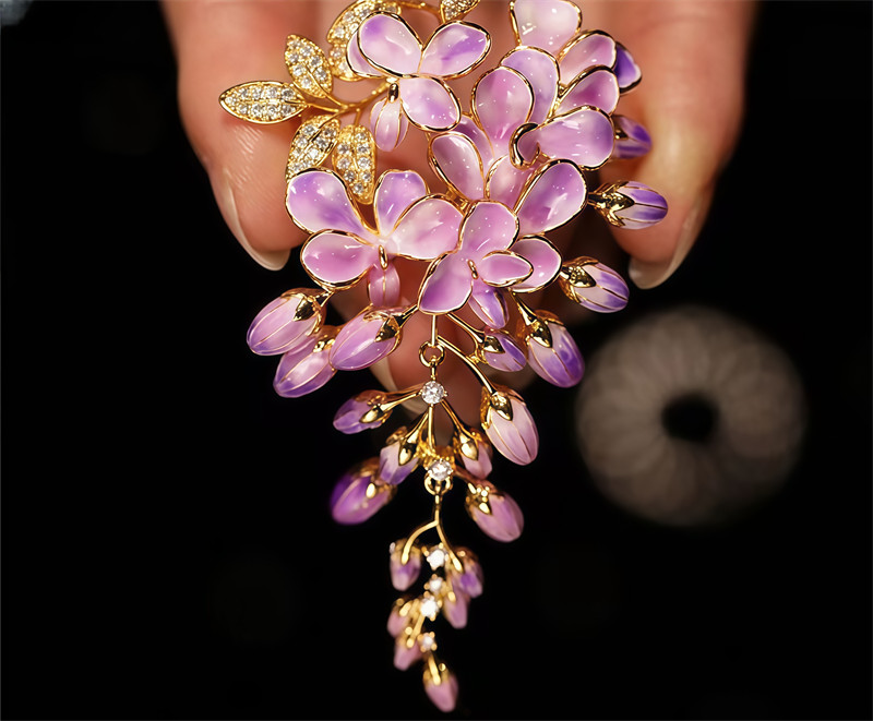 Enamel Color Design Purple Wisteria Flower Brooch, High Quality Flower Brooch