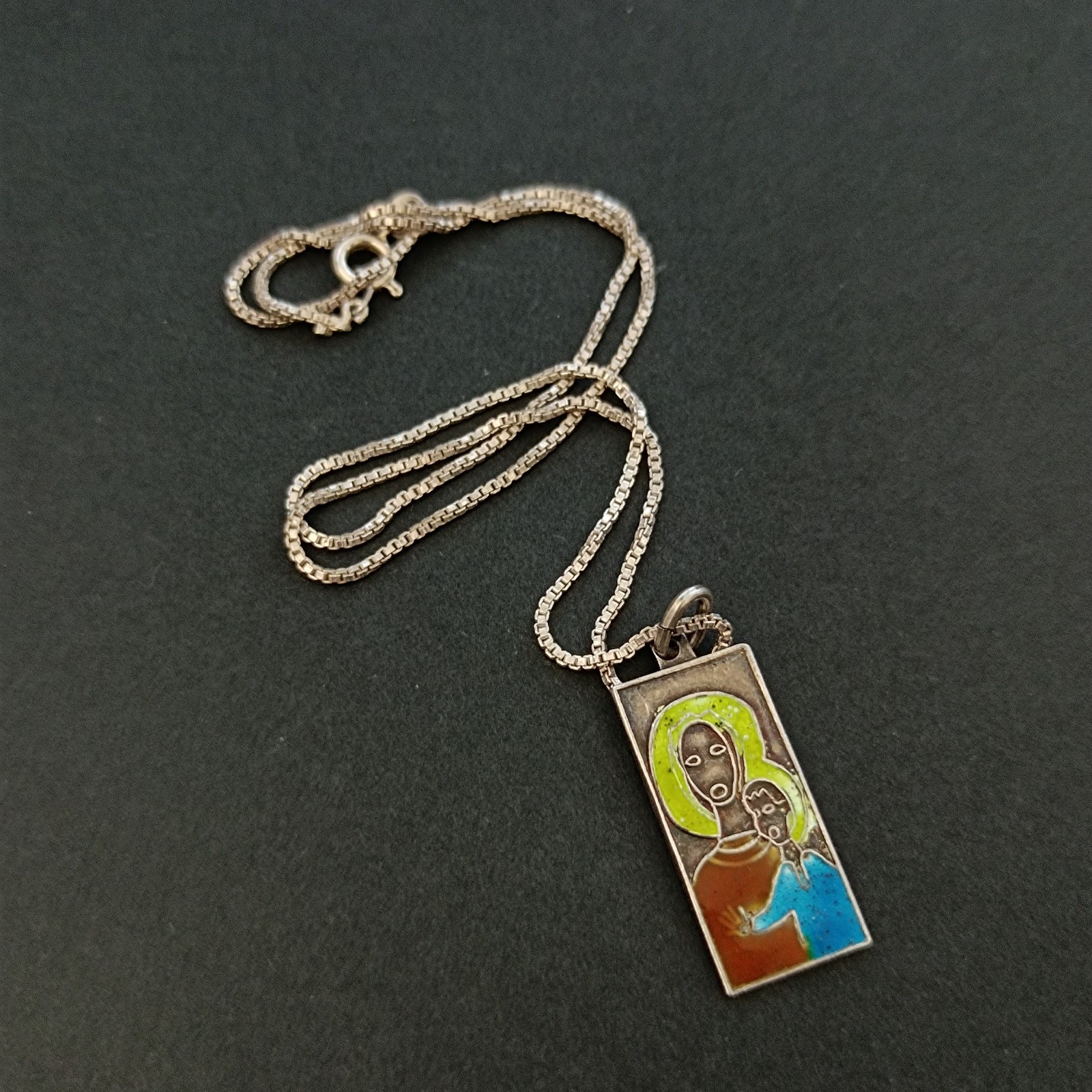VTG 950 Silver Enamel Necklace Modernist Woman Child Artisan Abstract Pendant