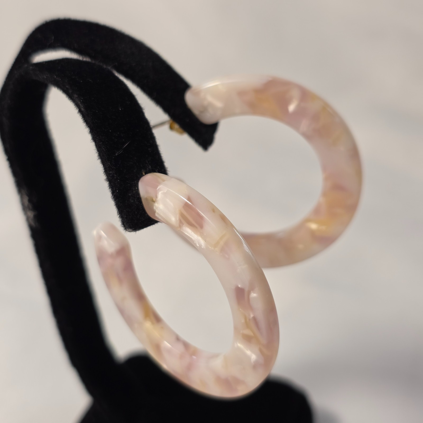 Acrylic Resin C-Shaped Hoop Earrings White and Lavender Polished Tortoise Shell