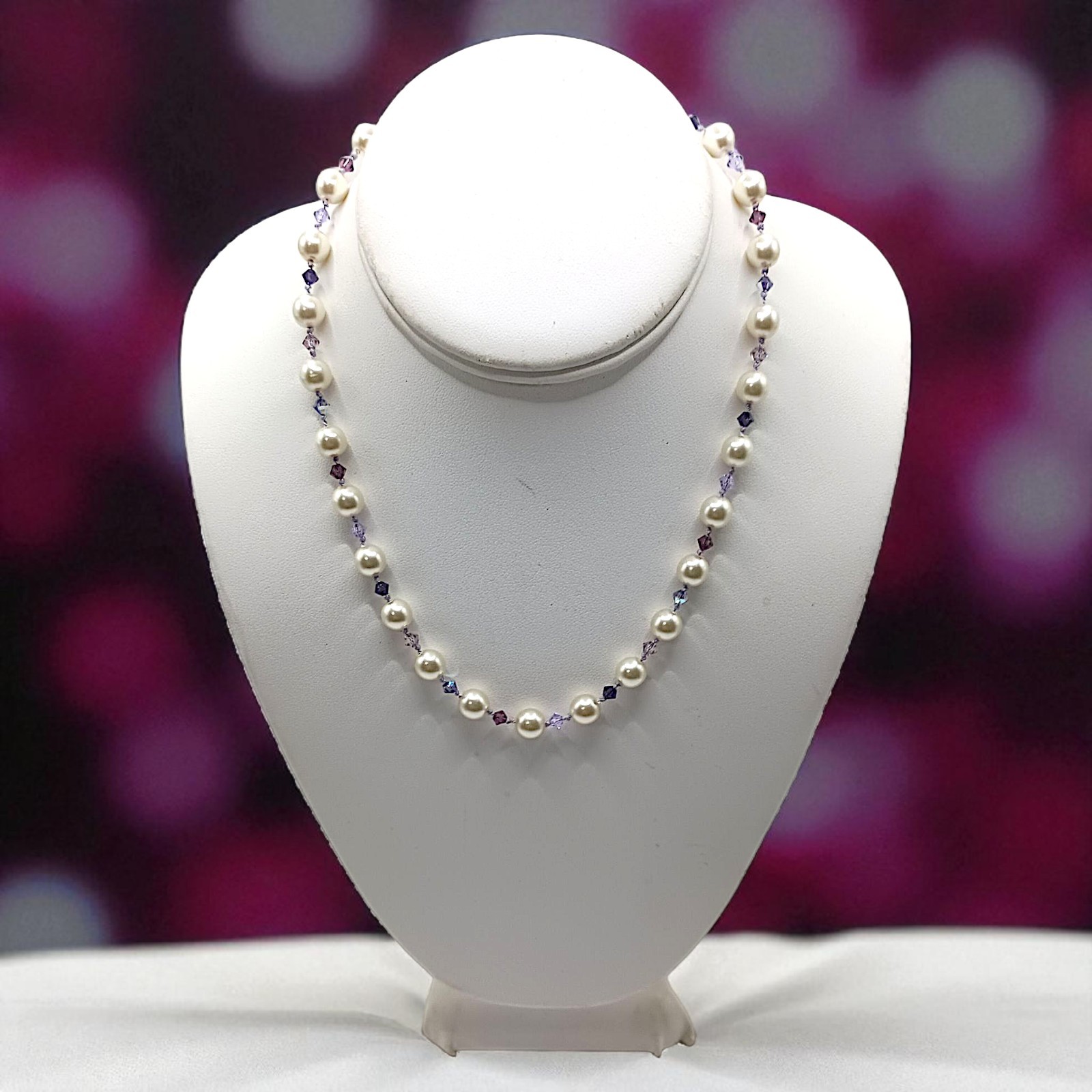 Vintage Purple Crystal Faux Pearl Necklace Beaded Hand Knotted Sterling Silver