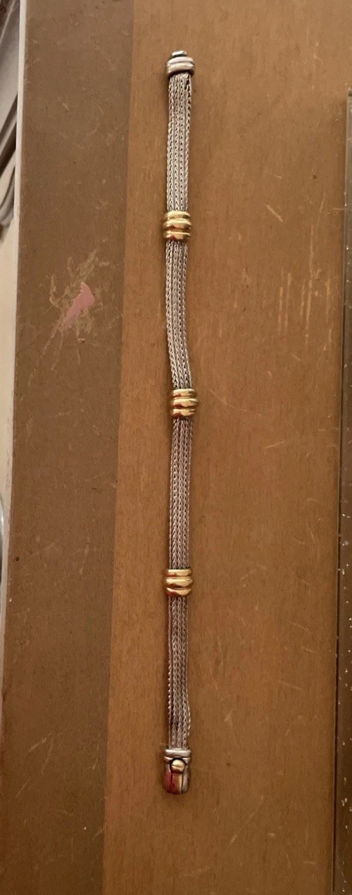 Vtg 925 Sterling 14K Cable Station Clasped Bracelet Italy 6.75” Not Bangle Woven